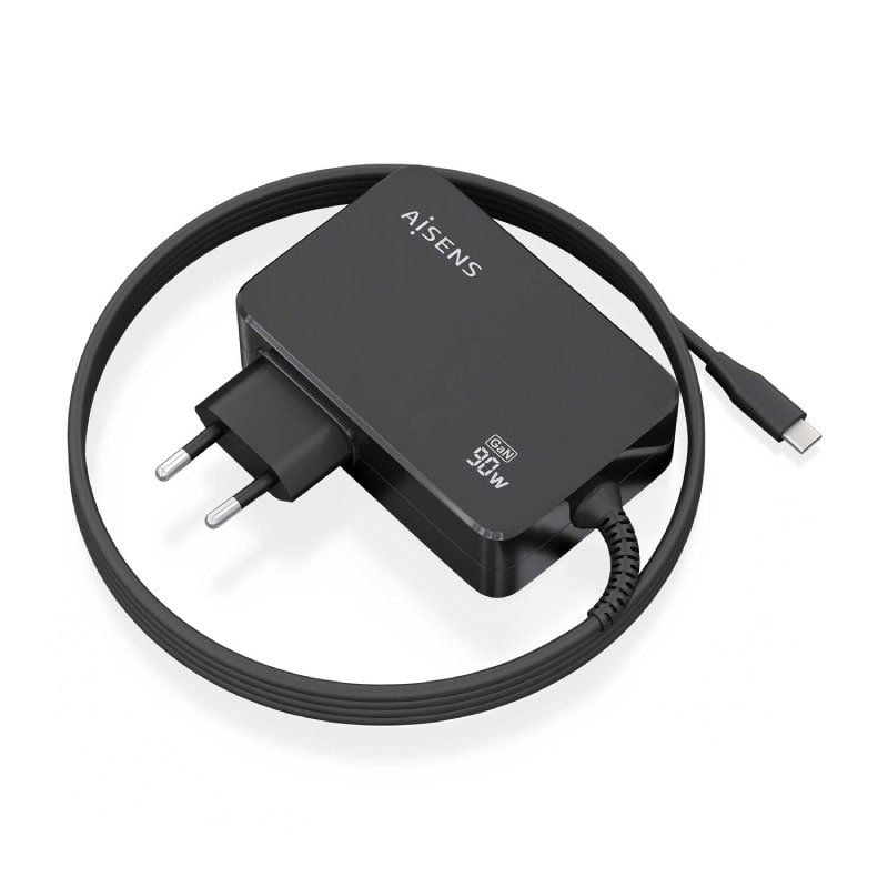 Cargador de Portátil GaN Aisens ASCH-1PD90WL034-BK/ 1xUSB Tipo-C + Cable 1.8m/ 90W/ Automático/ Voltaje 5-20V