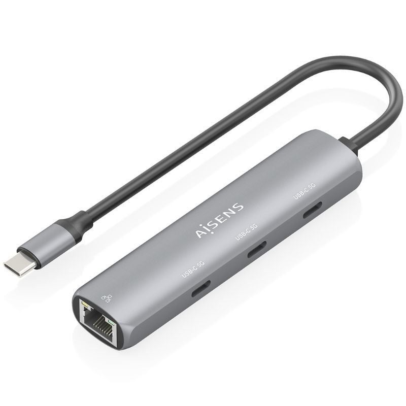 Hub USB Tipo-C Aisens ASUC-4P041-GR/ 3xUSB Tipo-C/ 1xRJ45/ Gris