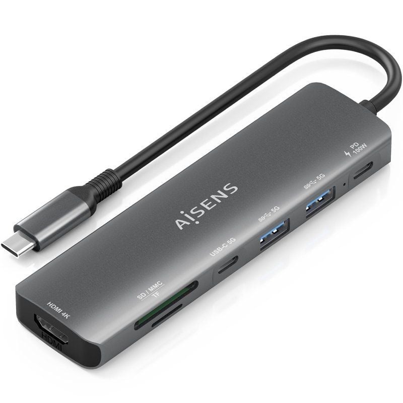 Docking USB Tipo-C Aisens ASUC-7P026-GR/ 1xHDMI 4K/ 2xUSB/ 1xUSB Tipo-C / 1xUSB Tipo-C PD/ 1xLector Tarjetas/ Gris