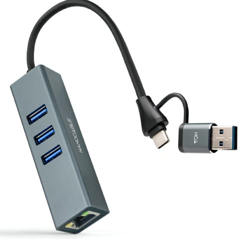 Hub USB + USB Tipo-C 3.0 Nanocable 10.03.0412/ 3xUSB/ 1xRJ45/ Gris