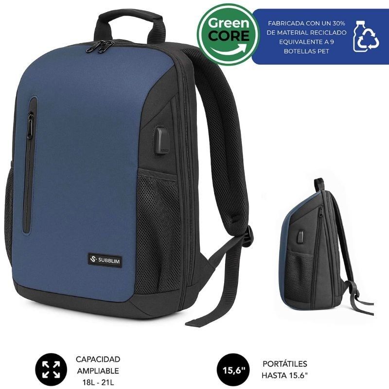 Mochila Subblim Xpand Air Padding Backpack para Portátiles hasta 15.6'/ 21L/ Puerto USB/ Azul