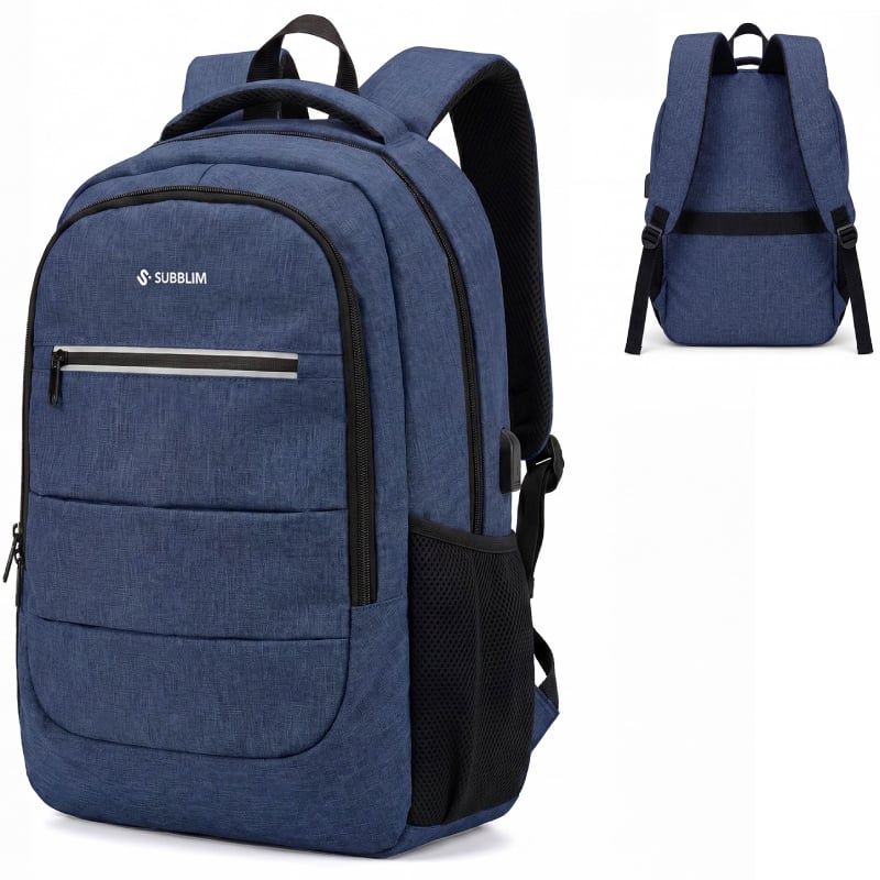 Mochila Subblim City Plus 26L Backpack para Portátiles hasta 16'/ Puerto USB/ Repelente al agua/ Reflectante/ Cinta para Trolley/ Azul