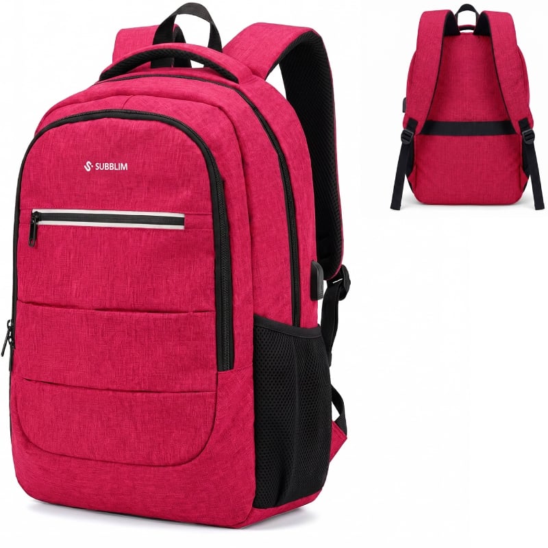 Mochila Subblim City Plus 26L Backpack para Portátiles hasta 15.6'/ Puerto USB/ Repelente al agua/ Reflectante/ Cinta para Trolley/ Roja