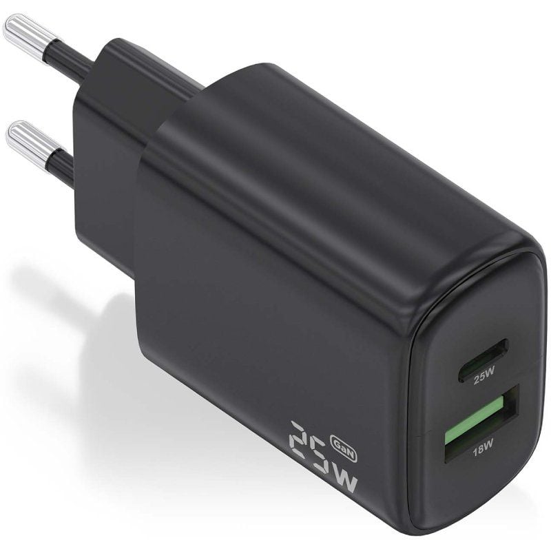 Cargador de Pared GaN Aisens A110-0912/ 1xUSB Tipo-C/ 1xUSB/ 25W/ Negro