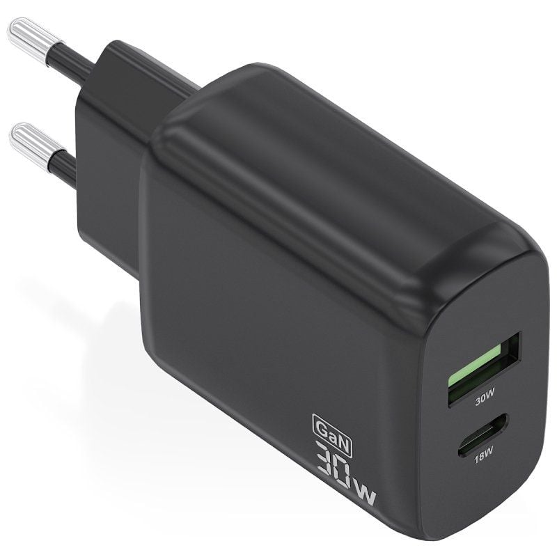 Cargador de Pared GaN Aisens A110-0924/ 1xUSB Tipo-C/ 1xUSB/ 30W/ Negro