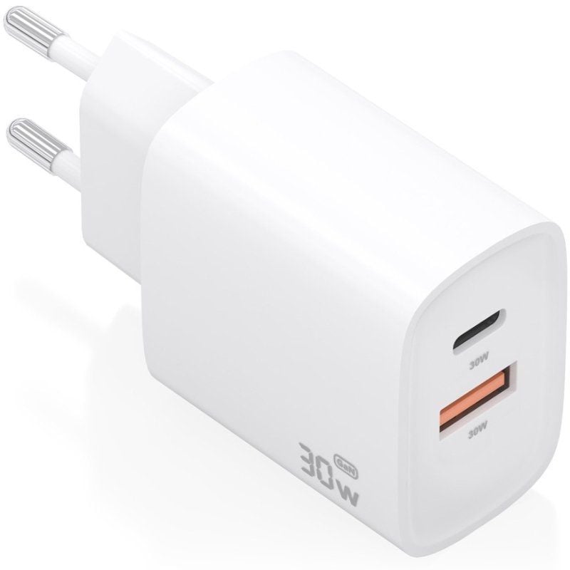 Cargador de Pared GaN Aisens A110-0952/ 1xUSB Tipo-C/ 1xUSB/ 30W/ Blanco