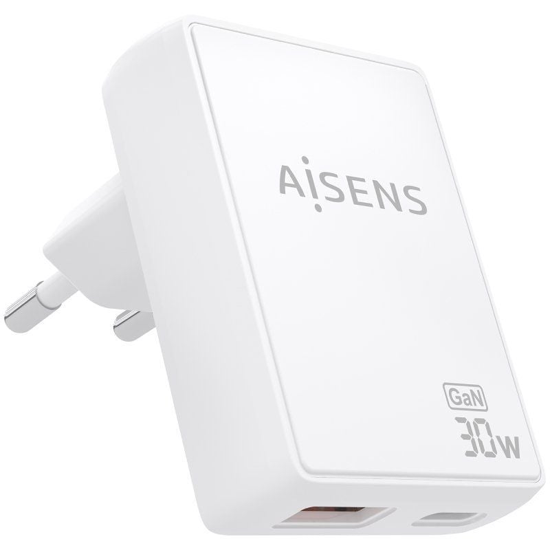 Cargador de Pared GaN Aisens ASCH-30W2P074-W/ 1xUSB Tipo-C/ 1xUSB/ 30W/ Blanco