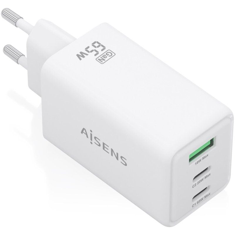 Cargador de Pared GaN Aisens ASCH-65W3P072-W/ 2xUSB Tipo-C/ 1xUSB/ 65W/ Blanco