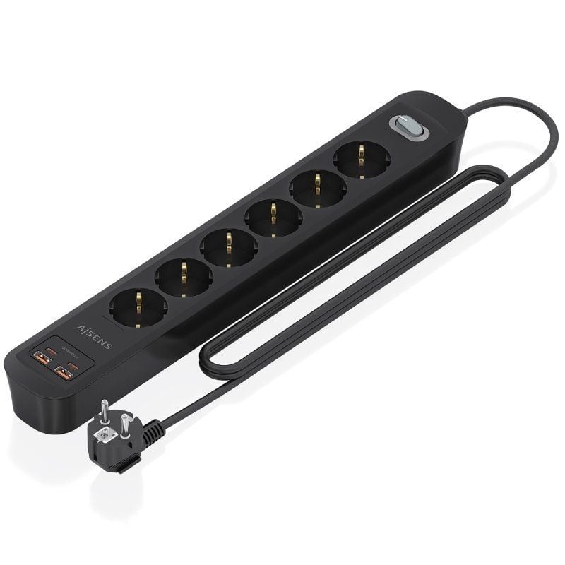 Regleta con Interruptor Aisens ASPS-2A2C17-BK/ 6 Tomas de Corriente/ 2 USB - 2 USB Tipo-C/ Cable 1.4m/ Negro