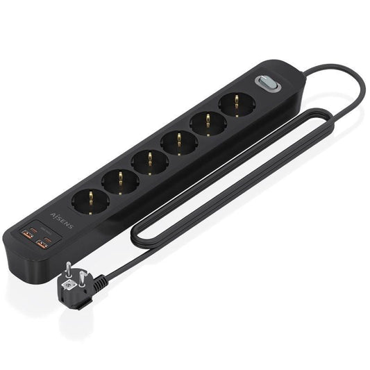 Regleta con Interruptor Aisens ASPS-2A2C17-BK/ 6 Tomas de Corriente/ 2 USB - 2 USB Tipo-C/ Cable 1.4m/ Negro