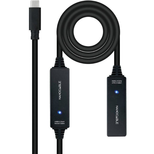 Cable Alargador USB Tipo-C 3.2 con Amplificador Nanocable 10.01.1312/ USB Tipo-C Macho - USB Tipo-C Hembra/ 10m/ Negro