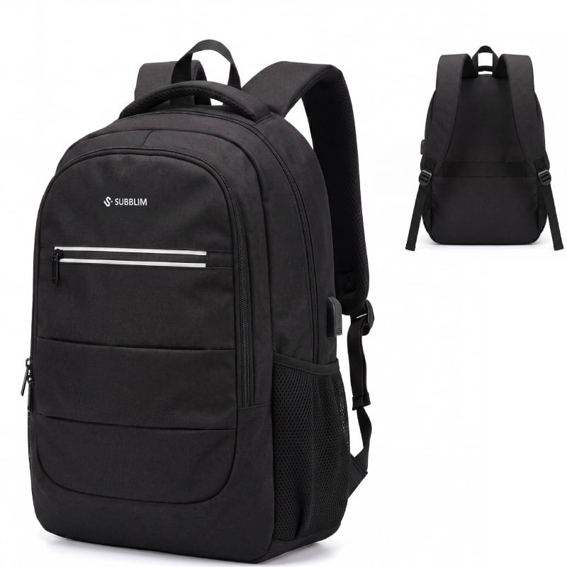 Mochila Subblim City Plus 26L Backpack para Portátiles hasta 16'/ Puerto USB/ Repelente al agua/ Reflectante/ Cinta para Trolley/ Negra