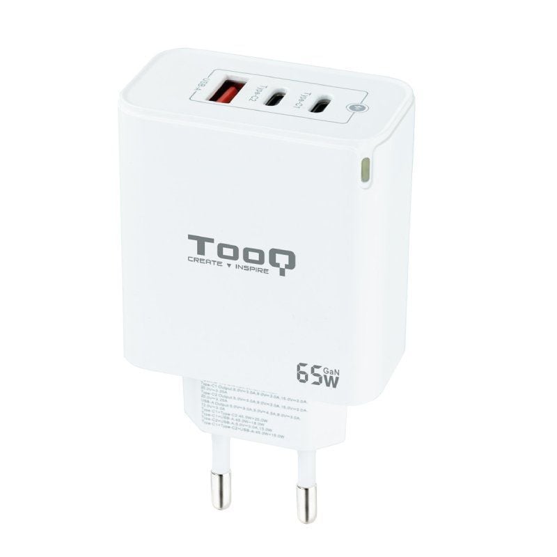 Cargador de Pared GaN TooQ TQWC-GANQC2PD65WT/ 2xUSB Tipo-C/ 1xUSB/ 65W