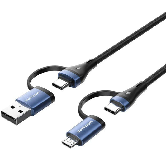 Cable USB 2.0 Tipo-C Vention CTLLF/ USB Tipo-C Macho - USB Macho/ MicroUSB Macho - USB Tipo-C Macho/ Hasta 100W/ 480Mbps/ 1m/ Negro y Azul